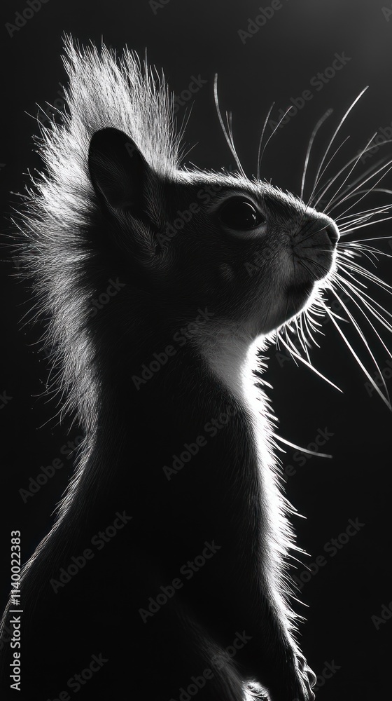Poster a silhouette of a squirrel against a dark background, emphasizing its features and fur.