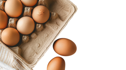 Brown eggs spill from a carton onto a vibrant green surface, capturing the essence of fresh and natural food