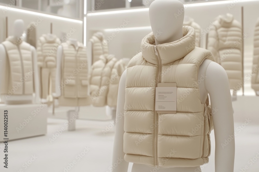 Poster a display of beige puffer vests in a modern retail space.