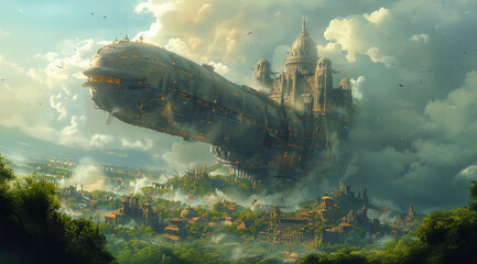 A huge airship flies over an oriental land, you can see the eastern landscape, the buildings of a medieval city, a fantasy illustration, ancient ruins