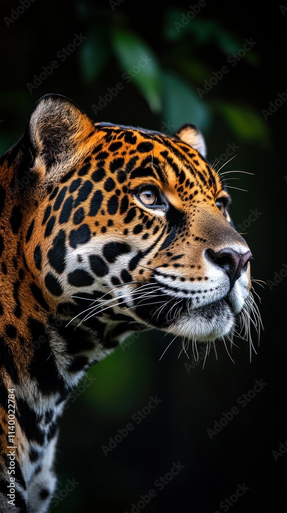 Poster a close-up of a jaguar's face, showcasing its striking features and distinctive fur pattern.