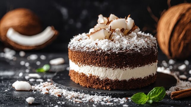 Coconut chocolate cake on slate with coconut flakes and fresh mint leaves against a dark background for a delicious dessert presentation