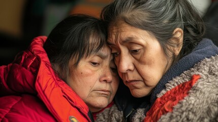 Two women embrace, somber expressions, winter coats.