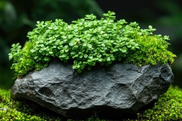 Lush green moss and small plants thriving atop a dark, rugged rock, creating a miniature garden scene.