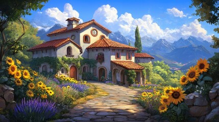 Fototapeta premium Charming Rustic House Surrounded by Sunflowers and Mountains