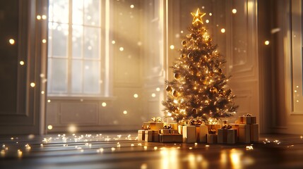 Holiday concept with a sparkling Christmas tree and gifts under the tree 