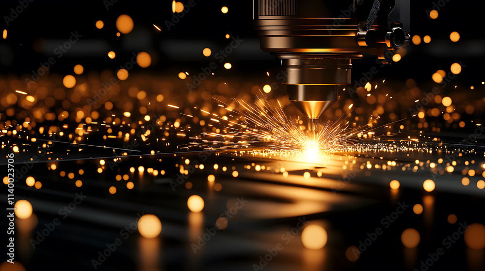 Poster a focused laser cuts through metal, creating sparks and illuminating the surroundings with a warm gl