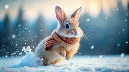 Long exposure captures a charming bunny, bundled in a scarf, frolicking in a snowy winter scene.