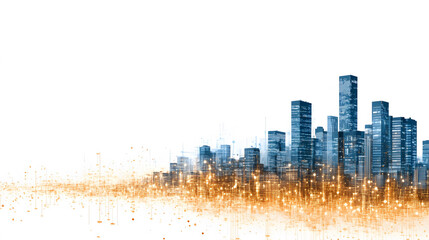 Obraz premium A digital city skyline with towering skyscrapers and a glowing, futuristic atmosphere against a light background