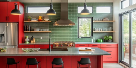 Modern Red Kitchen With Green Tile Backsplash And Island