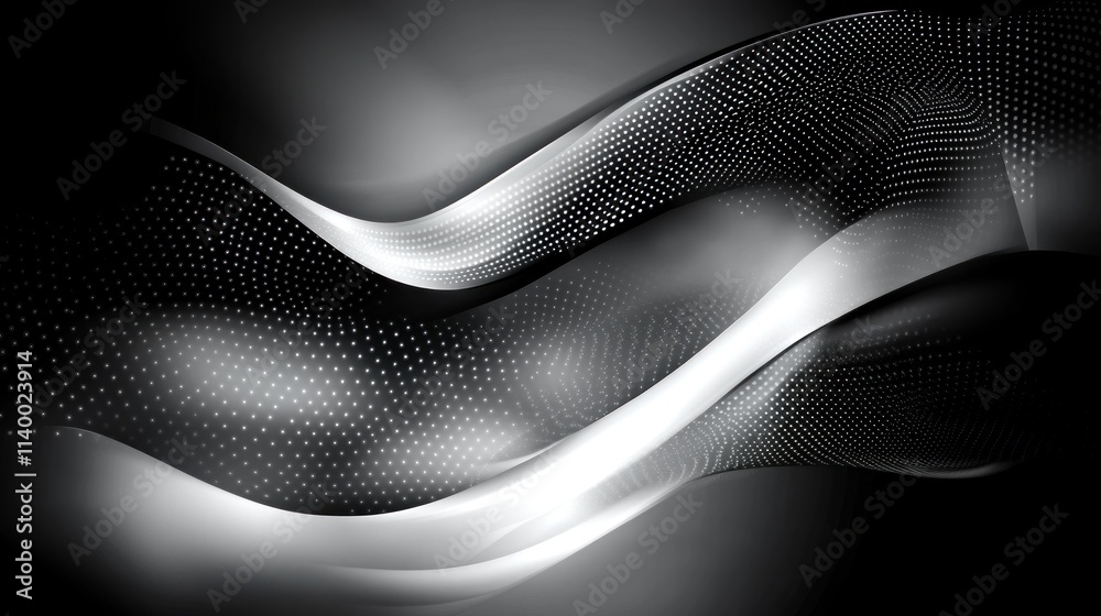 Poster abstract black and white waves with dotted patterns for design and artistic purposes.