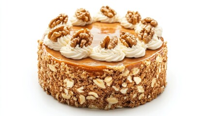 Walnut topped cake with creamy frosting and caramel glaze on a white background