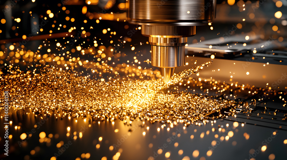 Poster a close-up view of a cnc machine cutting metal, producing sparks and glittering particles, showcasin