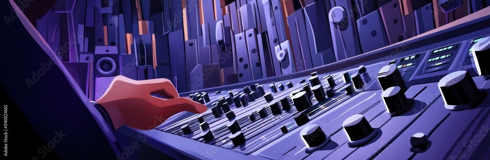 Leinwandbilder A hand adjusting controls on a sound mixing console in a studio environment.