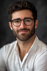 Obraz premium Smiling man, glasses, short hair, white shirt.