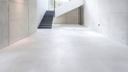 Obraz premium Modern living space featuring a light grey painted floor, complemented by minimalist furnishings, soft textures, and a serene ambiance, perfect for relaxation and style.