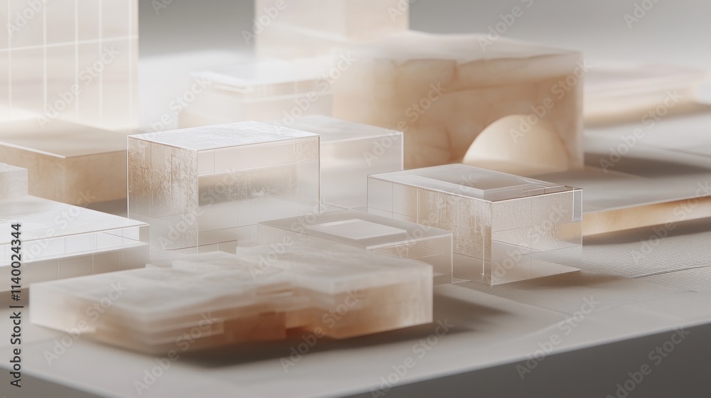 Poster A minimalist architectural model featuring translucent structures and soft lighting.