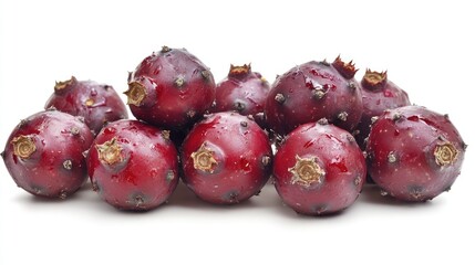 Obraz premium Ripe cactus fruits stacked on a white background showcasing vibrant colors and natural texture ideal for food or botanical themes