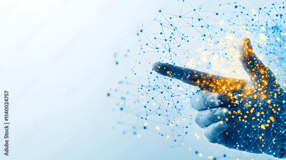 Poster a hand points, surrounded by a cloud of colorful particles, symbolizing creativity, innovation, and 