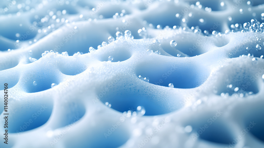 Poster a close-up of a textured blue surface with bubbles, resembling foam or a sponge, showcasing intricat
