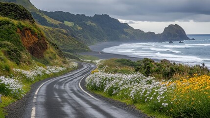 Scenic Coastal Road with Wildflowers and Ocean View under Cloudy Sky