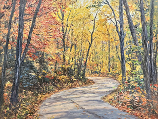 Fototapeta premium A winding path through a vibrant autumn forest filled with colorful leaves.