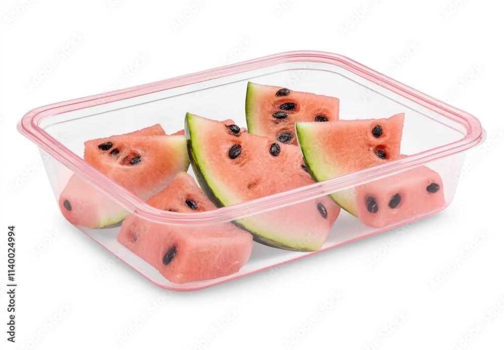 Poster a container filled with fresh watermelon slices, showcasing vibrant colors and seeds.