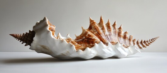 Brown and white empty murex shell with spiky texture showcasing oceanic beauty and natural marine art