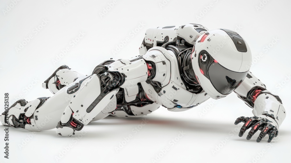 Poster a futuristic humanoid robot in a crawling position on a white background.