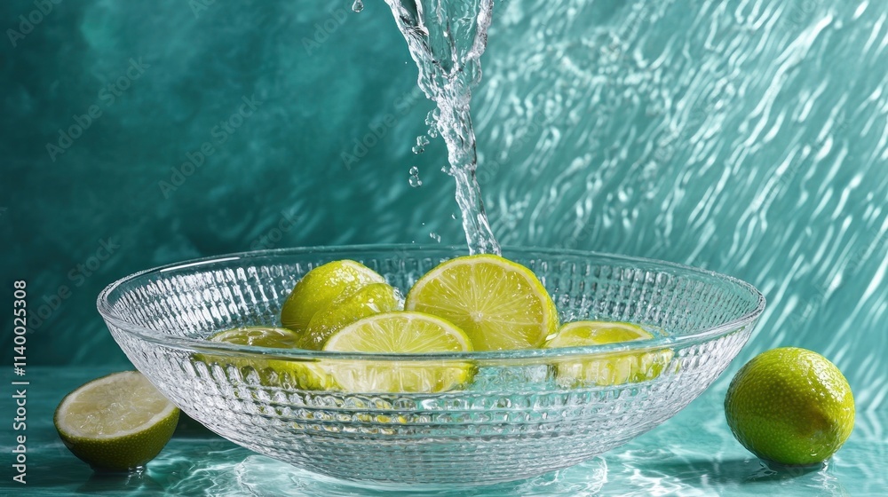 Poster fresh limes in a bowl with water cascading over them, creating a refreshing scene.