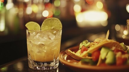 Caipirinha cocktail served with gourmet tacos and loaded nachos featuring melted cheese on a vibrant bar background