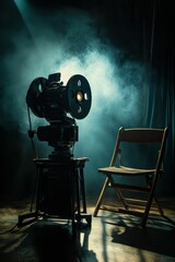 Fototapeta premium Vintage projector, empty chair, smoky room, dark setting.