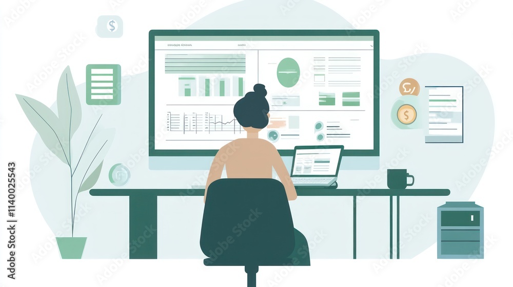 Poster A person working at a desk with a computer, analyzing data and reports.