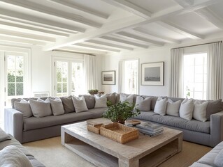 Fototapeta premium Elegant Living Room with Gray Sectional Sofa and White Beams
