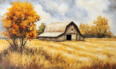 A serene autumn landscape featuring a rustic barn surrounded by golden fields and trees.