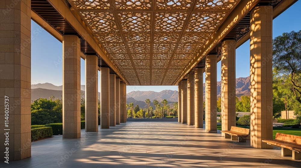 Poster a serene architectural space with intricate latticework and mountain views.