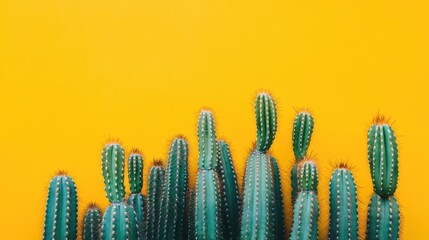 Vibrant green cacti against a bright yellow background showcasing tropical decor and natural beauty in a minimalist style