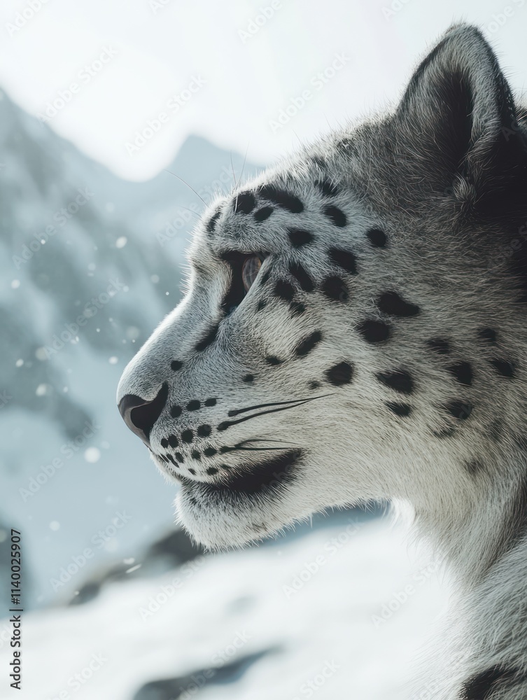 Poster a close-up profile of a snow leopard against a mountainous backdrop.