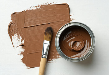 Top view Brush lying on top of a can of Mocha Mousse color paint