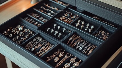 Elegant Jewelry Collection in Organized Black Drawer Interior