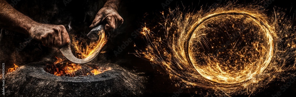Poster a blacksmith shaping metal, creating sparks and a circular burst of fire.