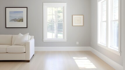 Soft grey walls paired with crisp white trim create a serene and modern atmosphere, enhancing the elegance of any space with a fresh and airy feel.