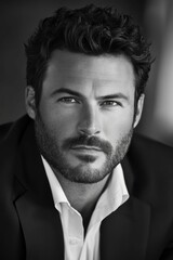 Fototapeta premium Black and white portrait, man, suit, beard, intense gaze.
