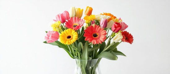 Colorful gerberas and tulips bouquet in a clear vase on a white background showcasing vibrant floral beauty and freshness