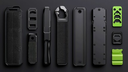 Obraz premium Sleek Metallic Tool Storage, modern matte black and brushed metal tools, designed for functionality and style, perfect for organized workspaces and contemporary decor