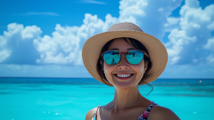 ビーチで笑顔の日本人女性