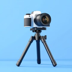 Professional Camera Setup on Tripod Against a Bright Blue Background