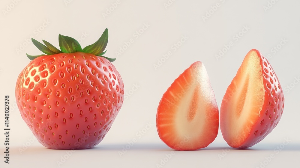 Poster a whole strawberry next to two halves, showcasing its vibrant color and texture.