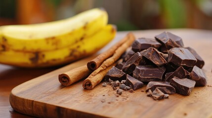 Cacao pieces with cinnamon sticks and ripe bananas on a wooden cutting board for a delicious dessert composition