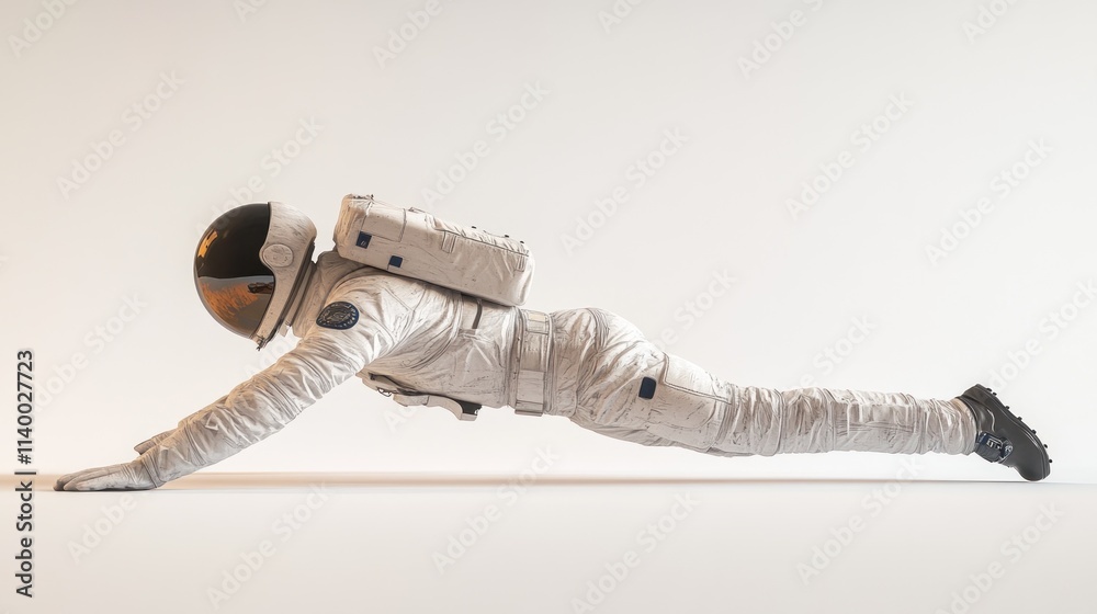 Aufkleber an astronaut in a space suit performs a plank exercise on a minimalist background.